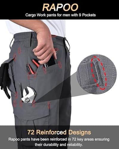 Rapoo Cargo Work Pants for Men Tactical Hiking Military Army Pants for Men Many Pockets Elastic Waistband Water Resistant Mens Ripstop Breathable Carpenter Pants Grey 34Wx30L