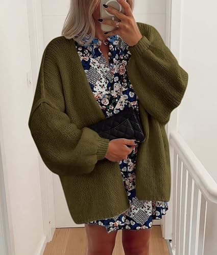 PRETTYGARDEN Womens Oversized Cardigan Sweaters 2026 Fall Long Lantern Sleeve Knit Open Front Lightweight Sweater (Army Green,Small) — view 4