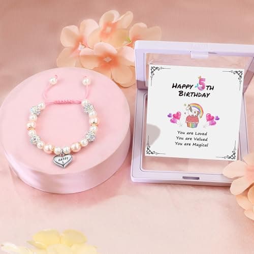 Sereney 5 Year Old Girl Birthday Gift Ideas, Adjustable Pink White Pearl Bracelet as Five Year 5yr Old 5th Birthday Gifts for Teen Girls Daughter Niece Granddaughter — view 2