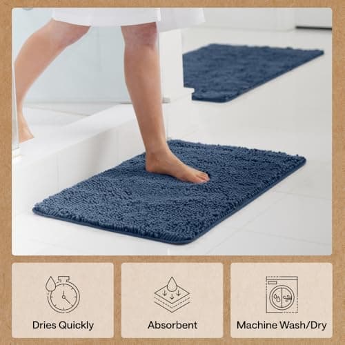 GORILLA GRIP Bath Mat, Thick Soft Absorbent Chenille Floor Mats, Rubber Backing Bathmat, 122x61 cm, Quick Dry Rug, Machine Washable Rugs for Shower Tub Floors, Bathroom Accessories Decor, Navy Blue — view 6