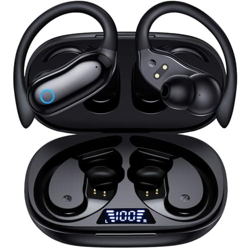 GNMN Active Noise Cancelling Ear Buds Wireless Earbuds 96hrs Playback Bluetooth Headphones Dual Battery Display Stereo Bass Earphones with Earhooks Microphone IPX7 Waterproof for Sports/Runing/Workout