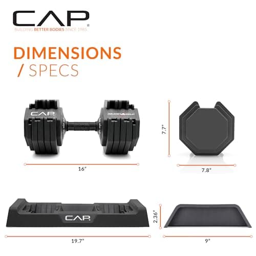 CAP ADJUSTABELL Adjustable Dumbbell Set, Premium Quick Select Adjustable Weights for Home Gym Strength Training, Hex, 55 LB Pair, Black Grip Handle — view 3
