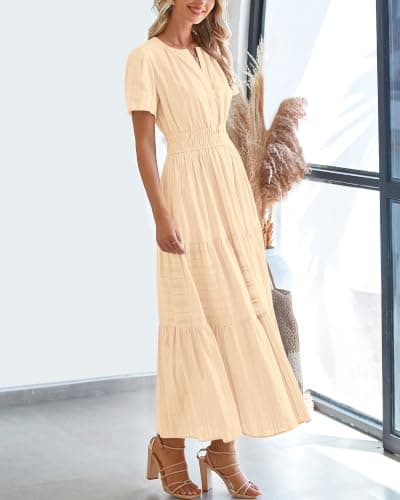 BTFBM Womens Summer 2026 Casual Midi Maxi Dresses Lightweight Short Sleeve V Neck Elastic Waist Boho Beach Dress Pockets(Apricot, Small) — view 6