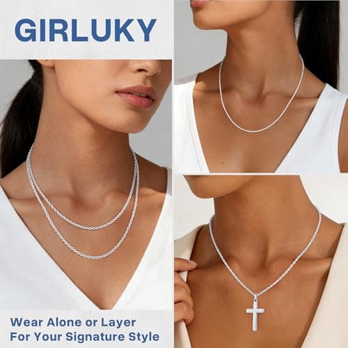 Girluky 925 Sterling Silver Chain Necklace for Women, 2MM Rope Chains Silver Chain for Women Sturdy Sterling Silver Necklace, 18 Inch — view 3