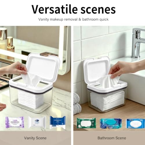 Double-Seal Protection Makeup Wipes Container, Clear Flushable Wipes Dispenser, One-Hand Open Makeup Remover Wipes Dispenser Keeps Wet Wipes Fresh for Bathroom (White) — view 4