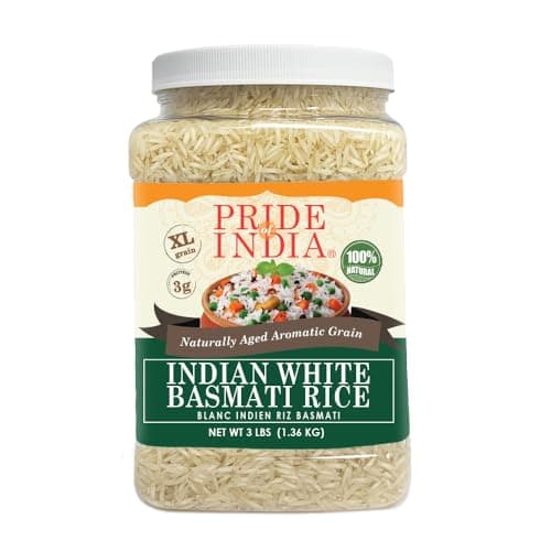 Pride Of India - Premium Indian White Basmati Rice - 3.3 lbs (53 oz) Jar - Unique & Nutty Flavored Extra Long, Non-Sticky & Slender Grain - Used to Make Biryanis, Pilaf, Pudding etc.,