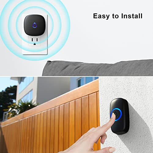 SECRUI Wireless Doorbell, Easy installation, Waterproof, Adjustable Volume, 58 Chimes, Colorful LED, 1000Ft Range, M520+F55, Black — view 3