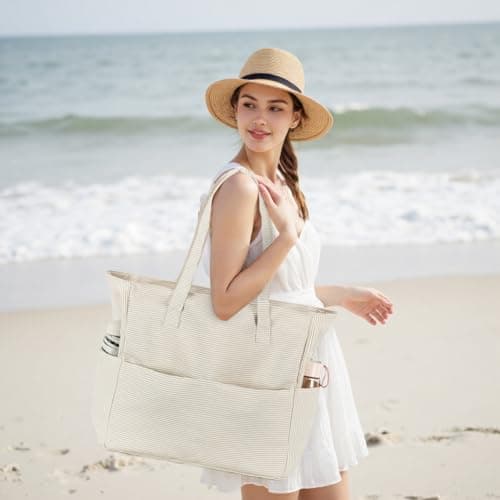 Waterproof Beach Tote Pool Bags for Women Ladies Extra Large Gym Tote Carry On Bag With Wet Compartment for Weekender Travel, S Khaki Stripes, X-Large, E2032