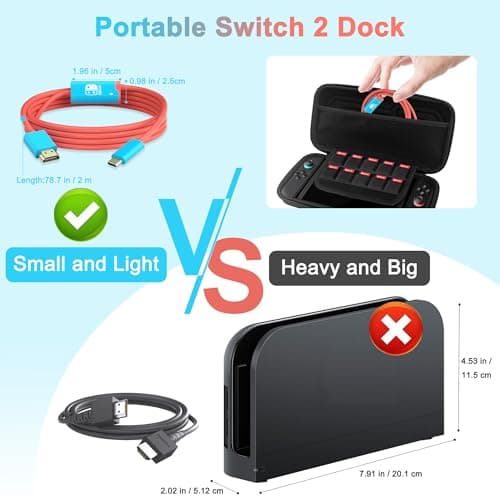 Switch 2 Dock (Plug-and-Play), USB C to HDMI Replacement Cable for Nintendo Switch, 4K@60HZ 6.6 ft, Portable Travel TV Base Adapter＆Travel Docking Station Cord Compatible with Switch OLED — view 2