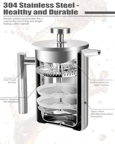 LRYYBTI French Press Coffee Maker, Stainless Steel Coffee Press with scale lines (Silver, 17 OZ) — view 3