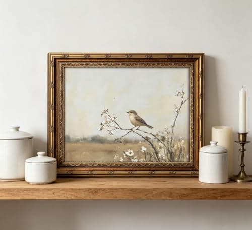 Vintage Gold Framed Bird Wall Art Spring Songbird on Floral Branch Painting Canvas Rustic Nature Woodland Picture Wall Decor Muted Farmhouse Print Artwork For Living Room Bedroom Entryway — view 7