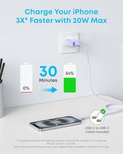 Anker iPhone Charger, 2-Pack 20W Fast USB C Charger Block, Type C Charger Fast Charging for iPhone 17/17 Pro Max/16 Series/iPad Pro and More (Purple, 2 Pack & 2 Cable) — view 3