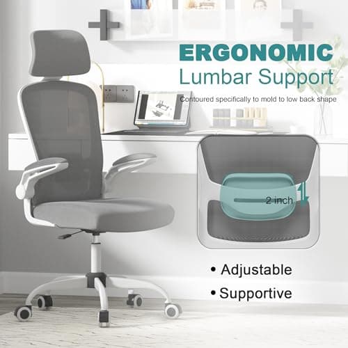 Mimoglad Office Chair, Comfy Desk Chair - High Back Ergonomic Computer Chair with Adjustable Lumbar Support & Headrest, Flip-up Armrests for Guitar Playing (Moon Grey) — view 2