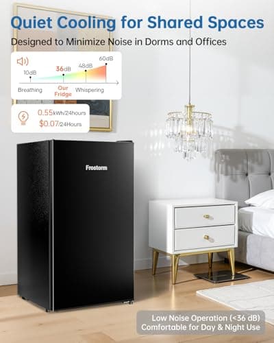Frostorm 3.2 Cu Ft Mini Fridge with Freezer - Energy Efficient, Large Capacity Single Door Upright Freezer for Bedroom, Office & Dorm | Small Fridge, Reversible Door, ETL Certified(Black) — view 3