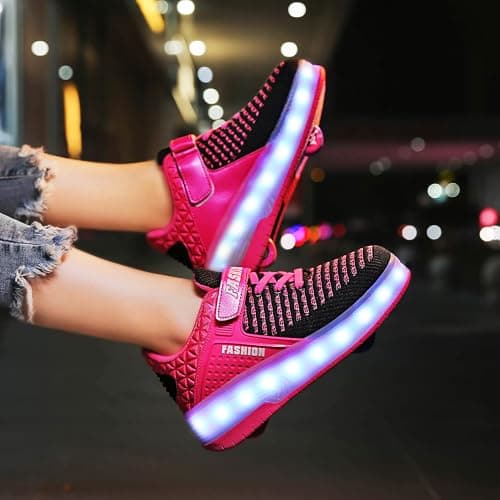 Ufatansy Roller Shoes for Girls LED Fashion Sneakers Kids Roller Skate Shoes Boys USB Rechargeable Light Up Wheels Shoes(13 M US =CN31, Double Wheel, Pink) — view 5