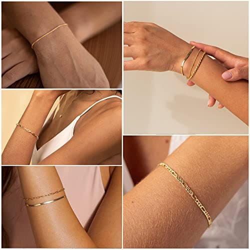 DEARMAY Gold Bracelets for Women Non Tarnish 14K Gold Plated Minimalist Bracelets Stack for Women Trendy Dainty Stackable Paperclip Rope Snake Box Figaro Chain Bracelets Set Pack Jewelry Sets Costume Fashion Gifts — view 6