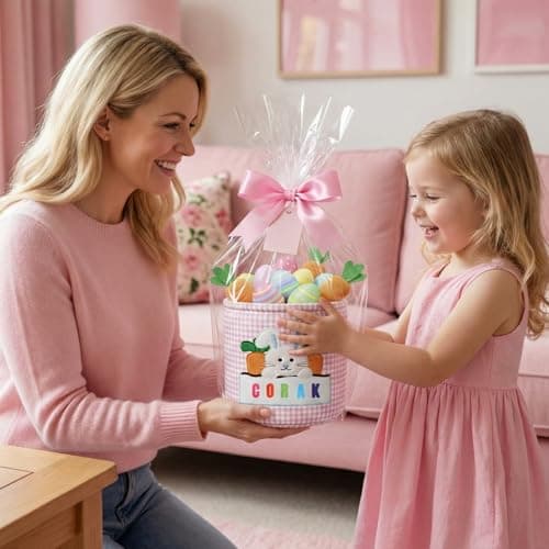 OXYEFEI Easter Baskets for Kids,Pink Embroidered Reusable Empty Bunny Egg Personalized Easter Basket with Bracelet for Party Gifts (Pink) — view 4