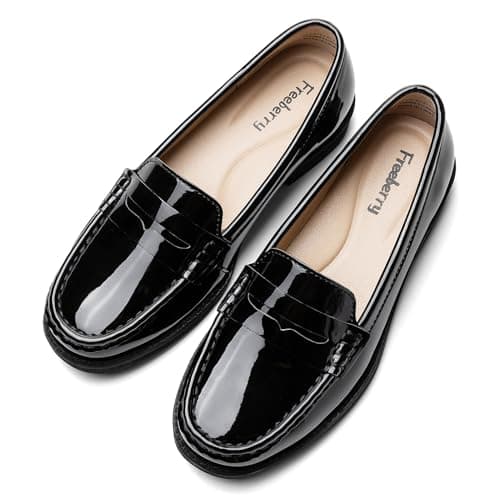 Freeberry Women's Comfortable Leather Penny Loafers Slip On Business Casual Dress Shoes Lightweight Office Work Flats Everyday Walking Shoes for Women, Black Patent, 7.5 M US — view 8