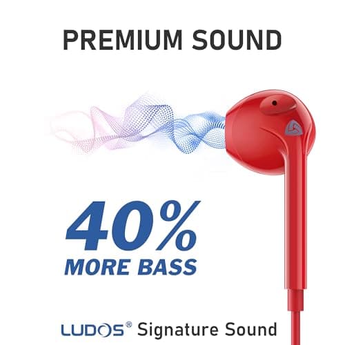 LUDOS Zenith Wired Earbuds in-Ear Headphones, 5 Year Warranty, Earphones with Microphone, Corded for 3.5mm Jack Ear Buds for iPhone, Samsung, Computer, Laptop, Kids, School Students, Woman - Red — view 2