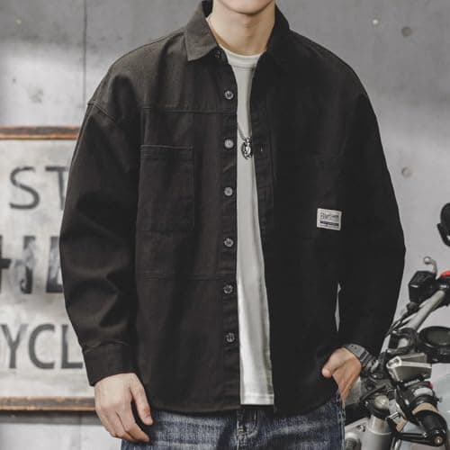 Men’s Utility Shirt Jacket, Heavyweight Canvas Long-Sleeve Button-Front Workwear Top with Chest Pockets, A-black, X-Large