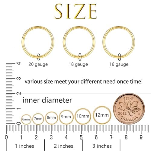 6pcs Hypoallergenic Nose Rings 20G 18G 16G 316L Surgical Steel Earrings Tragus Septum Piercing Nose Hoop Lip Rings Helix Cartilage Rook Earrings for Women Men 6/7/8/9/10/12mm (6PCS 16G Gold)
