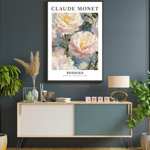 Vintage Peonies Wall Art Print Floral Canvas Poster White Pink Peony Flower Claude Monet Oil Painting Style Picture for Bedroom Wall Decor Elegant Art (Creamy Peonies,Framed,16x24inch(40x60cm)) — view 5