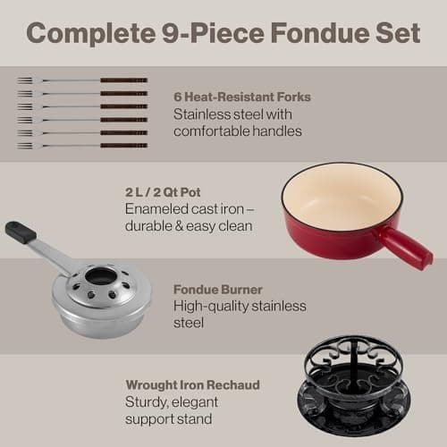 Swissmar Lugano Cast Iron Cheese Fondue Set, 9-Piece, 2 QT / 2 L - Ideal for Melting Cheese, Chocolates, Caramel, & More - Perfect for Kitchen Collection & Gift Giving - Cherry Red — view 4