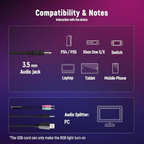 Ozeino Gaming Headset for Ps5 Ps4 PC, Over Ear Gaming Headphones with Noise Cancelling Microphone RGB Light, Deep Bass Stereo Sound Headset for Xbox Series X/S, Switch, Laptop, Mac, Phone — view 5