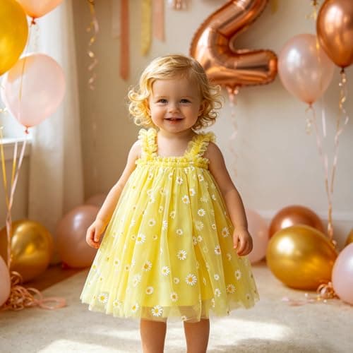 AGQT Baby Girls Daisy Tutu Dress Sleeveless Kids Tulle Birthday Party Dresses Casual Playwear Tunic Babydoll Dress Yellow Daisy-Lace Size 12-18 Months — view 3