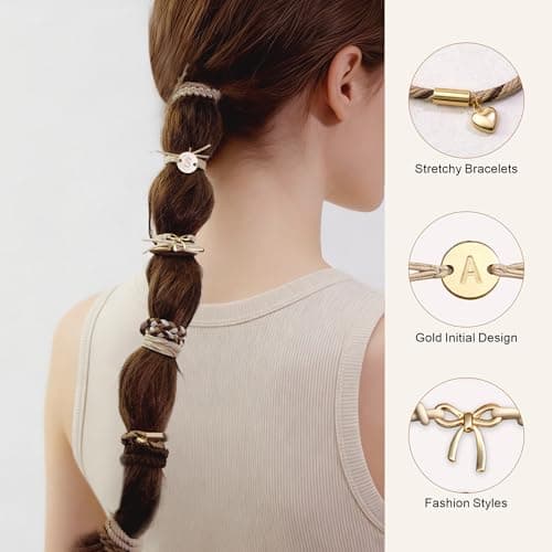 Fohufo Birthday Gifts for Women Girls - 10 Pcs Hair Ties No Damage, Hair Ties Bracelets for Thick/Thin Hair, Initial Hair Ties Accessories for Women, Birthday Gift Teen Girl Gifts for Girls- Letter M — view 2