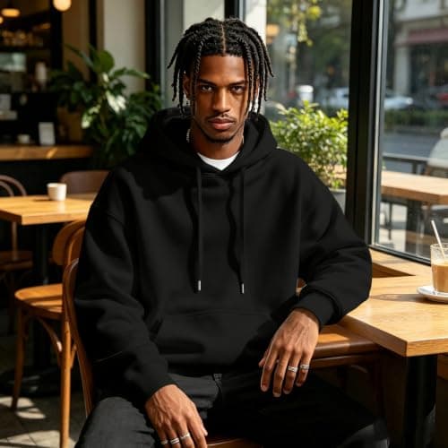 THMENKHT Fleece Hoodie Men Oversized Fall Sweatshirt Winter Cozy Tall Hooded Collar Drawstring Pullover With Pockets Black L — view 3