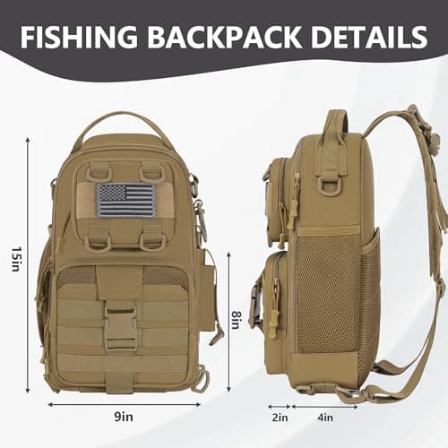 Fishing Tackle Bag, Tactical Fishing Tackle Backpack with Rod & Gear Holder, Lightweight Outdoor Water-Resistant Fish Tackle Gear Shoulder Bags for Men Women, Khaki — view 3