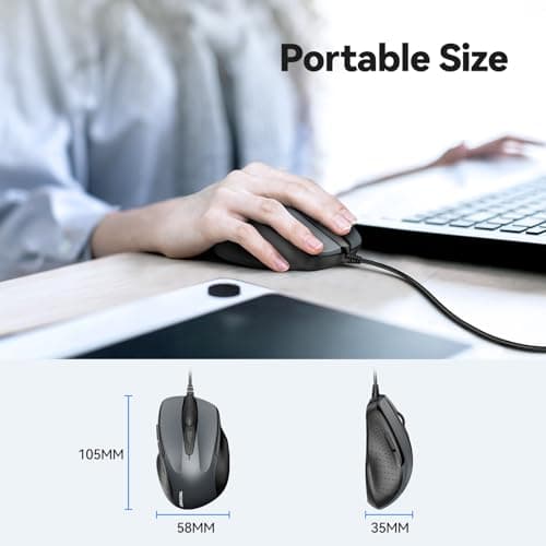 TECKNET USB Wired Mouse, 6-Button Corded Computer Mouse with 4 Adjustable DPI, Optical Computer Mice with Ergonomic Design and 5FT Cord for Laptop, Chromebook, PC, Desktop, Mac, Notebook-Gray — view 5