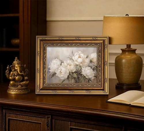 Vintage Gold Framed Vintage Flower Wall Art Retro White Floral Wall Decor Retro Peony Artwork Picture for Home Living Bedroom Farmhouse Hallway — view 6