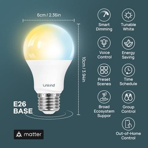 Linkind Matter Smart Light Bulb, Tunable Soft White to Daylight, Compatible with Alexa/Apple Home/Google Home/AiDot, 2.4GHz Wi-Fi Bluetooth, 800LM 60W Equivalent, A19 E26 6-Pack — view 5