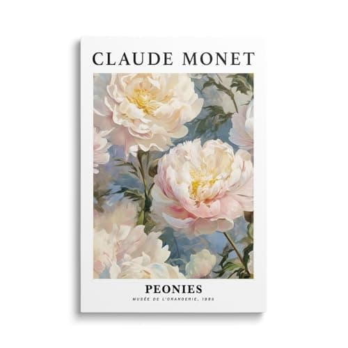 Vintage Peonies Wall Art Print Floral Canvas Poster White Pink Peony Flower Claude Monet Oil Painting Style Picture for Bedroom Wall Decor Elegant Art (Creamy Peonies,Framed,16x24inch(40x60cm))