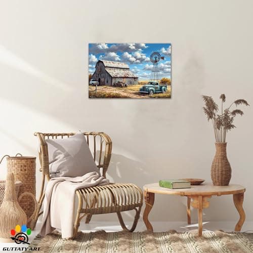 Farmhouse Prints Wall Art, Vintage Barn and Old Truck Picture Canvas Wall Art, Retro Windmill Canvas Prints, Country Rustic Landscape Picture for Farmhouse Living Room, Bedroom Wall Decor 12x18 Inches — view 2