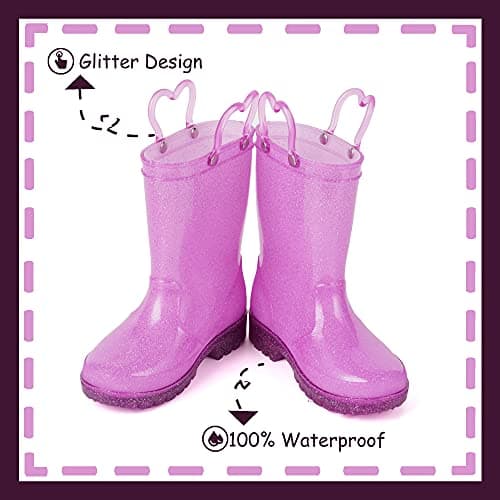 OUTEE Toddler Girls Rain Boots Little Kids Baby Light Up Glitter Waterproof Rubber Mud Shoes Lightweight Sparkle Pink Adorable with Easy-On Handles Non Slip (Size 12,Pink)