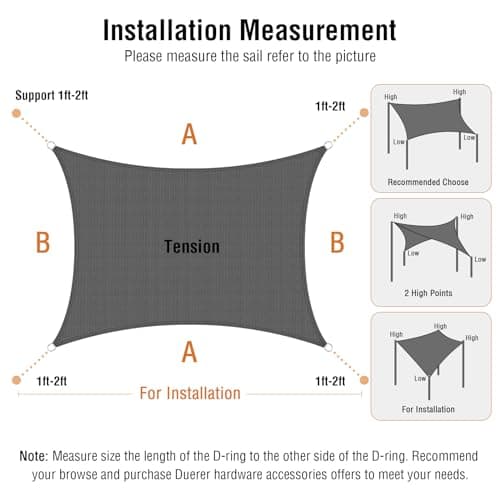 Duerer Sun Shade Sail Canopy 12' x 16' Rectangle, 95% UV Block, Permeable 185GSM Sail Shade Cover for Patio, Garden, Pergola, Backyard, Outdoor Facility & Activities -Anthracite — view 5