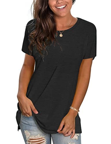 WNEEDU Womens Tops Summer T-Shirt Short Sleeve Crewneck Loose Fit Casual Basic Tee Tops 2026 New Black S