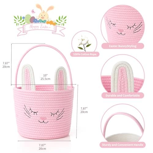 Easter Basket with Handle Woven Baby Gifts Empty Bunny Basket For Girls Boys Kids Gift Baby Shower Wedding Flower (Pink) — view 2
