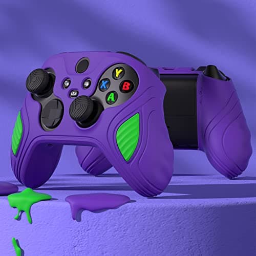 PlayVital Scorpion Edition Anti-Slip Silicone Case Cover for Xbox Series X/S Controller, Soft Rubber Case for Xbox Core Wireless Controller with Thumb Grip Caps - Neon Genesis Purple & Green — view 3