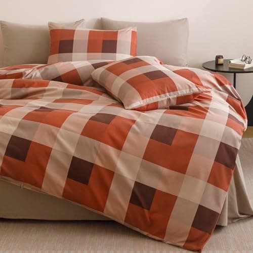 Wellboo Red Plaid Comforter Sets King Size Taupe and Orange Grid Bedding — view 4