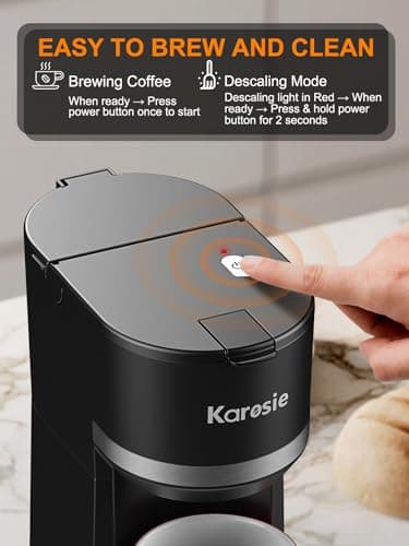 Karosie Single Serve Coffee Maker for Coffee Pods and Grounds, Fast Brew, 6-12 oz Brew Sizes Single Cup Coffee Maker Fits 5.5" Mugs, One-Button Small Coffee Maker, Descaling Reminder,Black,9.25 Inches — view 4