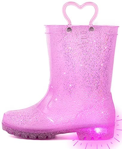 OUTEE Toddler Girls Rain Boots Little Kids Baby Light Up Glitter Waterproof Rubber Mud Shoes Lightweight Sparkle Pink Adorable with Easy-On Handles Non Slip (Size 12,Pink)