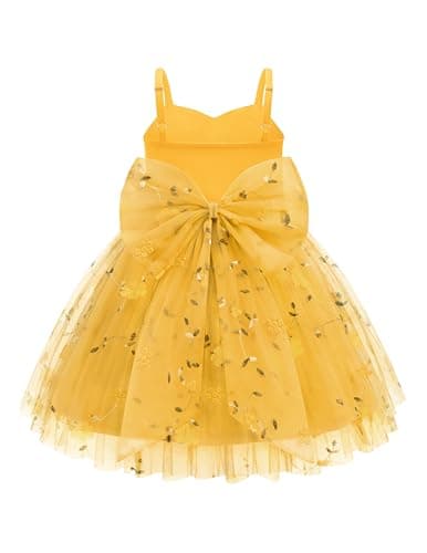 Arshiner Toddler Girls Tulle Dress Bowknot Tutu Birthday Princess Embroidery Yellow Floral Dresses Formal Photoshoot Outfit Summer Clothes 7-8Years