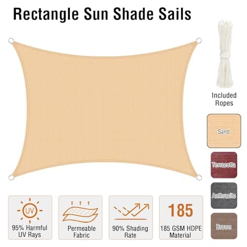 Duerer Sun Shade Sail Canopy 12'W x 16'L Rectangle, 95% UV Block, Permeable 185GSM Sail Shade Cover for Patio, Garden, Pergola, Backyard, Outdoor Facility & Activities -Sand — view 5