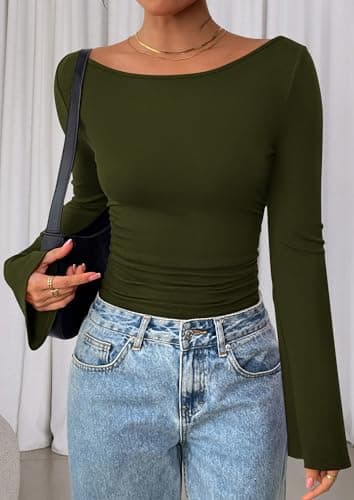 PRETTYGARDEN Womens Long Sleeve Shirts 2026 Spring Crop Going Out Tops Casual Boat Neck Bell Sleeve Ribbed Ruched Y2K Clothes (Army Green,X-Small) — view 3