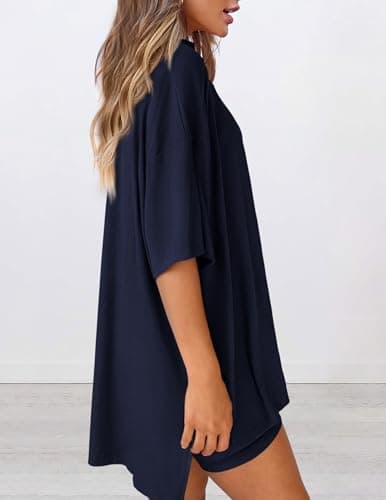 PRETTYGARDEN Women 2 Piece Lounge Set 2026 Summer Casual Oversized Shirts Biker Shorts Matching Airport Travel Outfit Clothes (Navy,Medium) — view 4