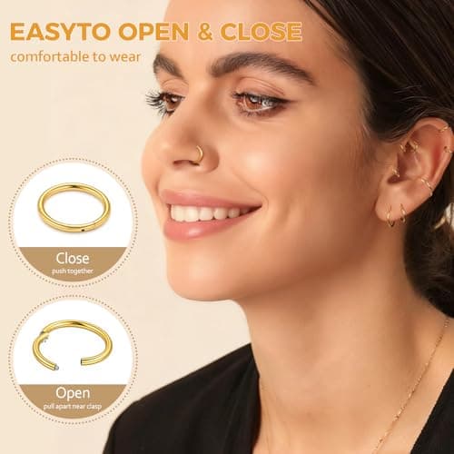 Afftiny Nose Rings Hoops Septum, Surgical Steel Seamless Clicker for Tragus Helix Conch Daith, Hypoallergenic, 20G/18G/16G, 6-12mm, Gold, Silver, Black, Rainbow, Rose Gold (Gold, 2pcs-18G-6mm)